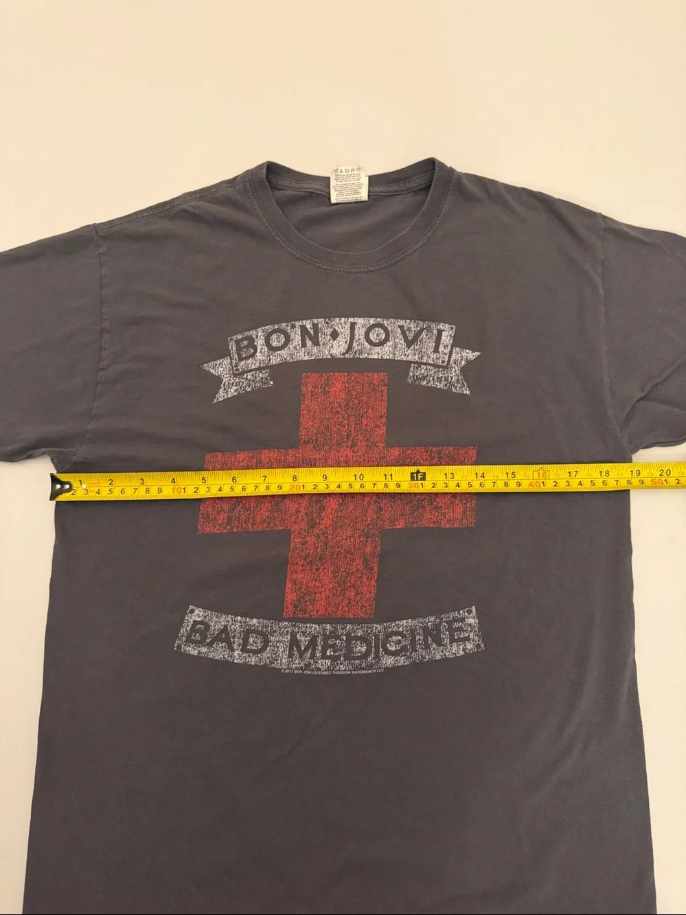 Bon Jovi Bad Medicine logo charcoal gray red short sleeve crew neck t-shirt